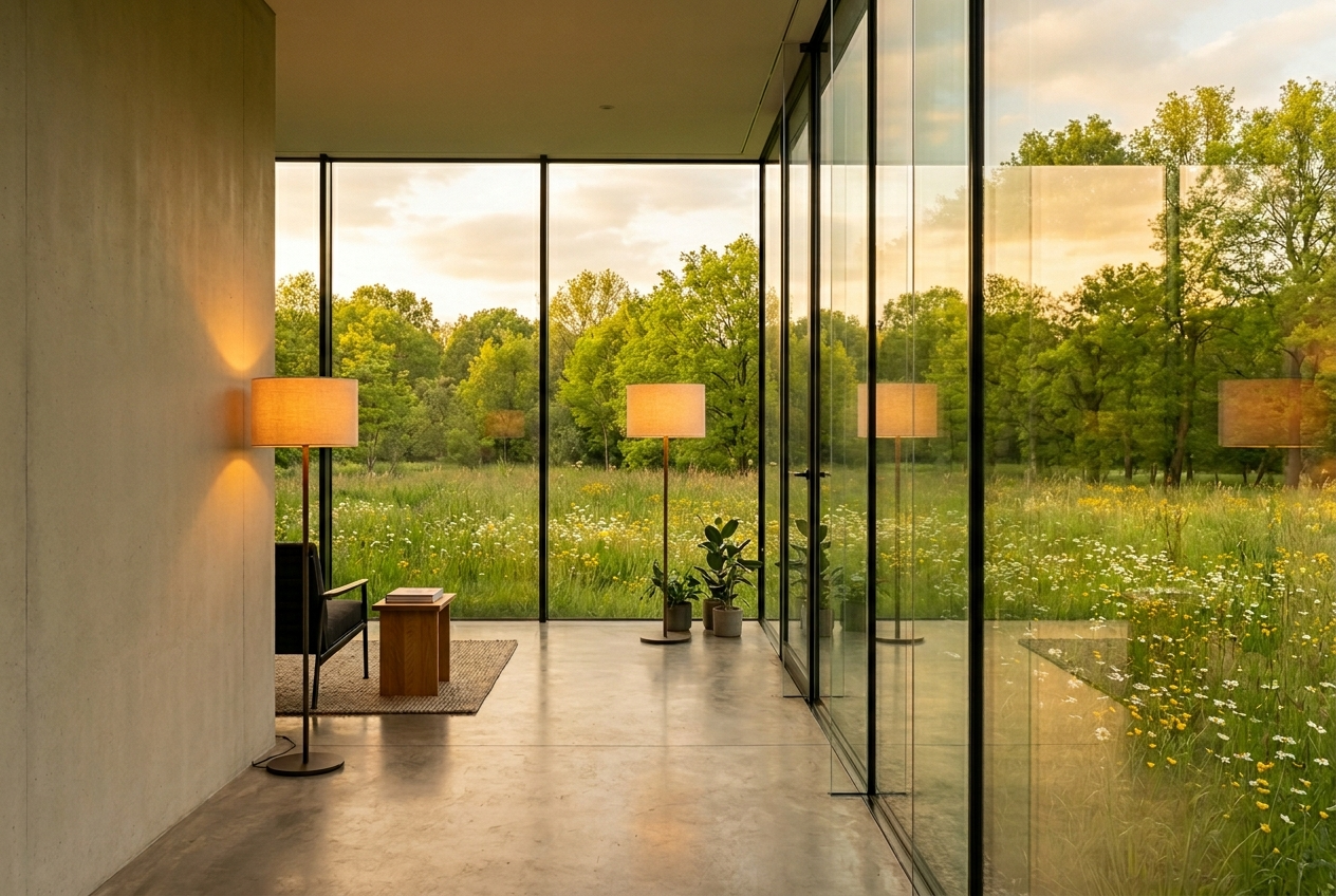 A modern glass house at dusk with Outlight floor lamps glowing warmly inside