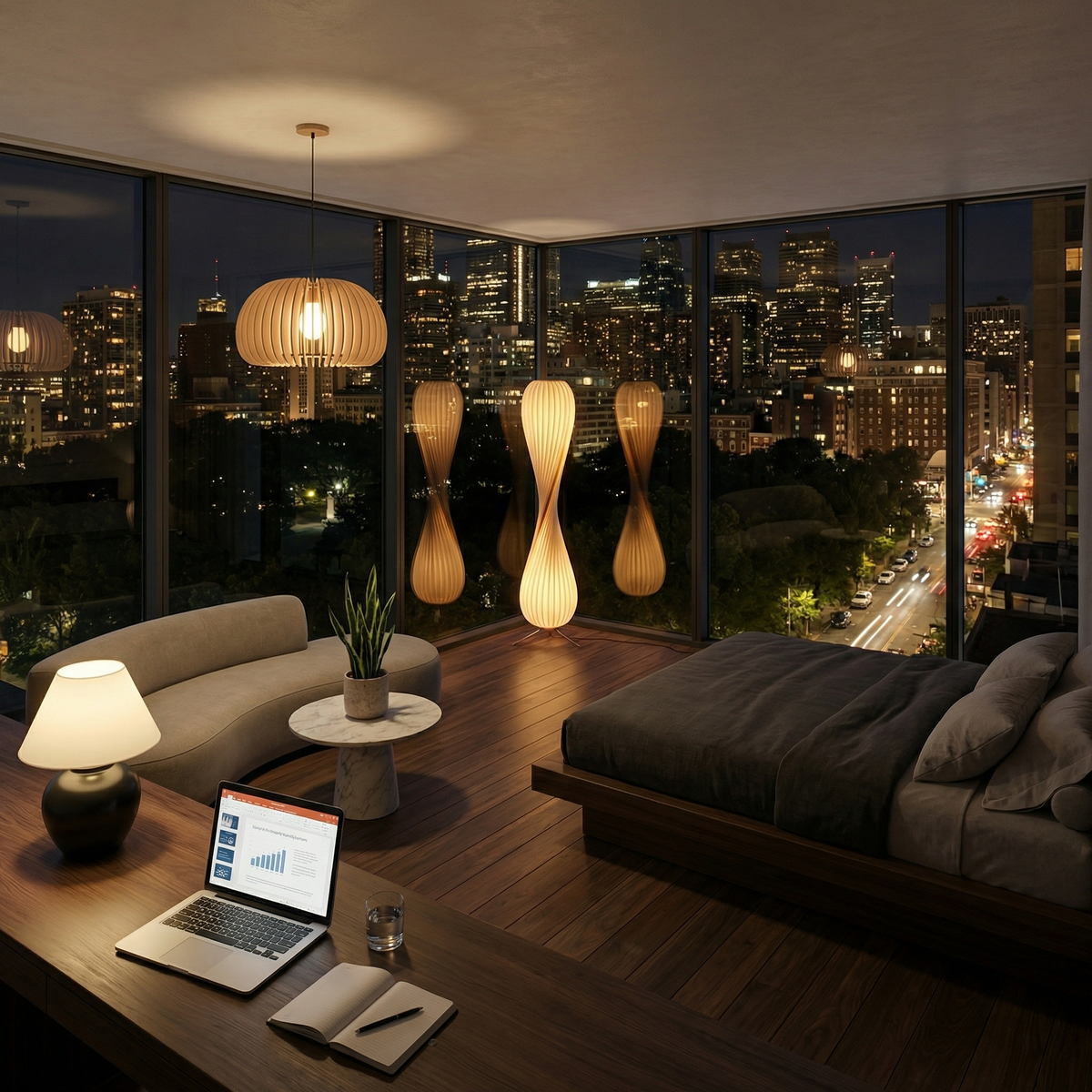 A warm room lit by Outlight lamps after dark