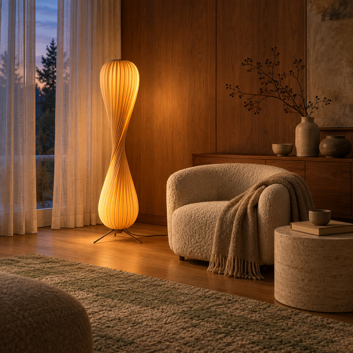 Aven wooden floor lamp glowing in a walnut-paneled living room at dusk